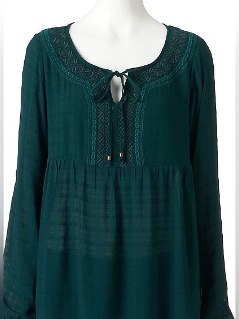 Sonoma Embroidered Tie-Neck Peasant Tunic Emerald Pool Green